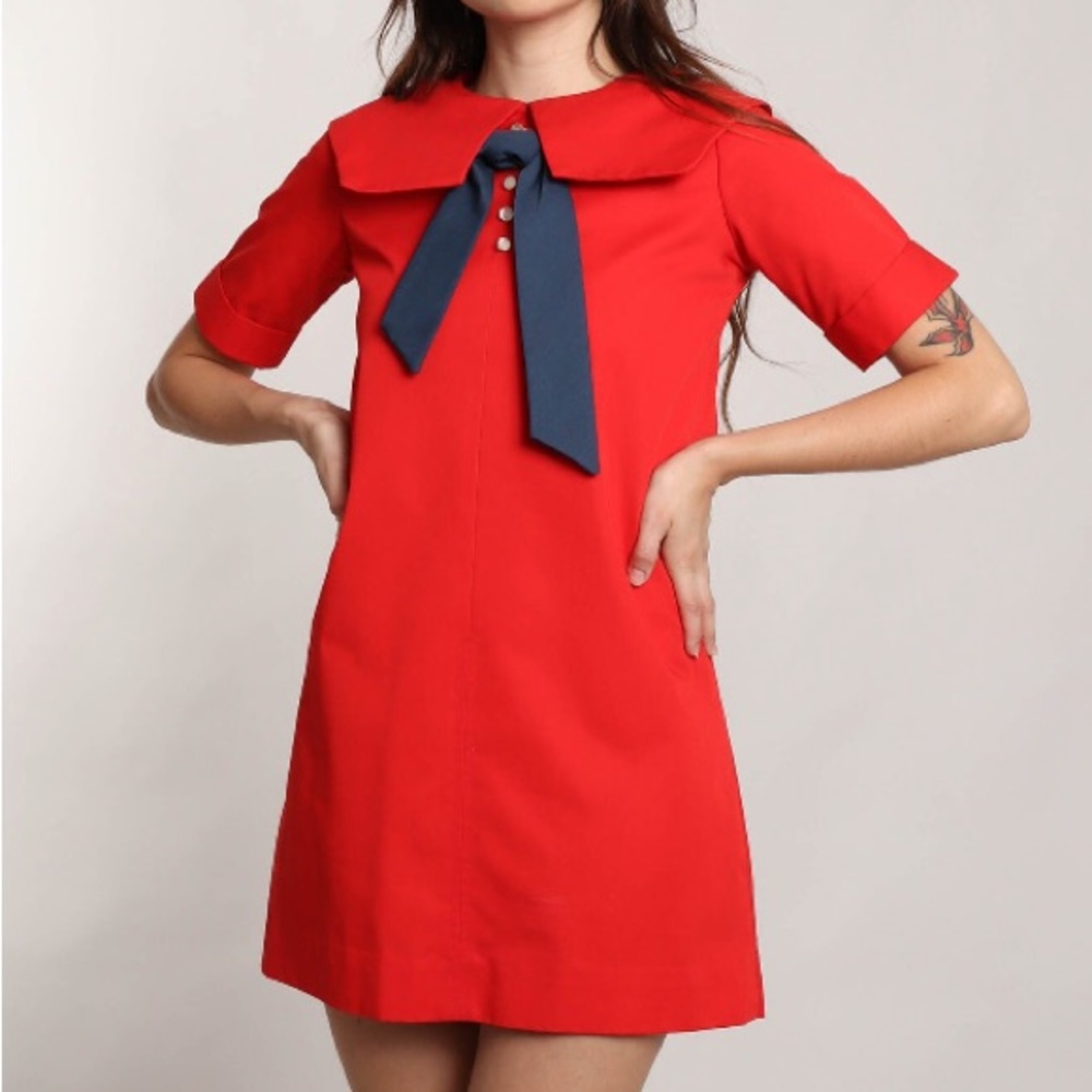 Vintage 70s MOD SAILOR Red Nautical Ascot Tie Mini Dress w/ Accent Collar